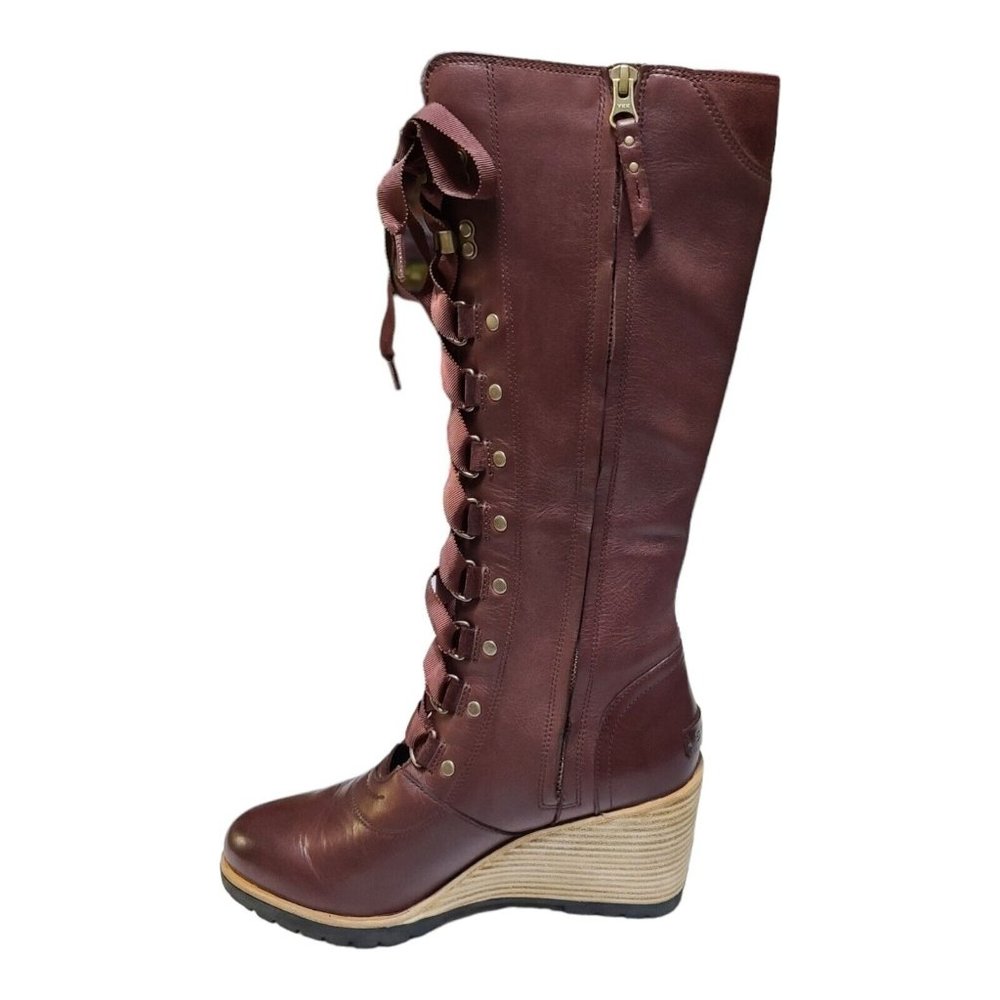 Elegant Burgundy/Brown Lace-Up Wedge Boots - Picture 3 of 12